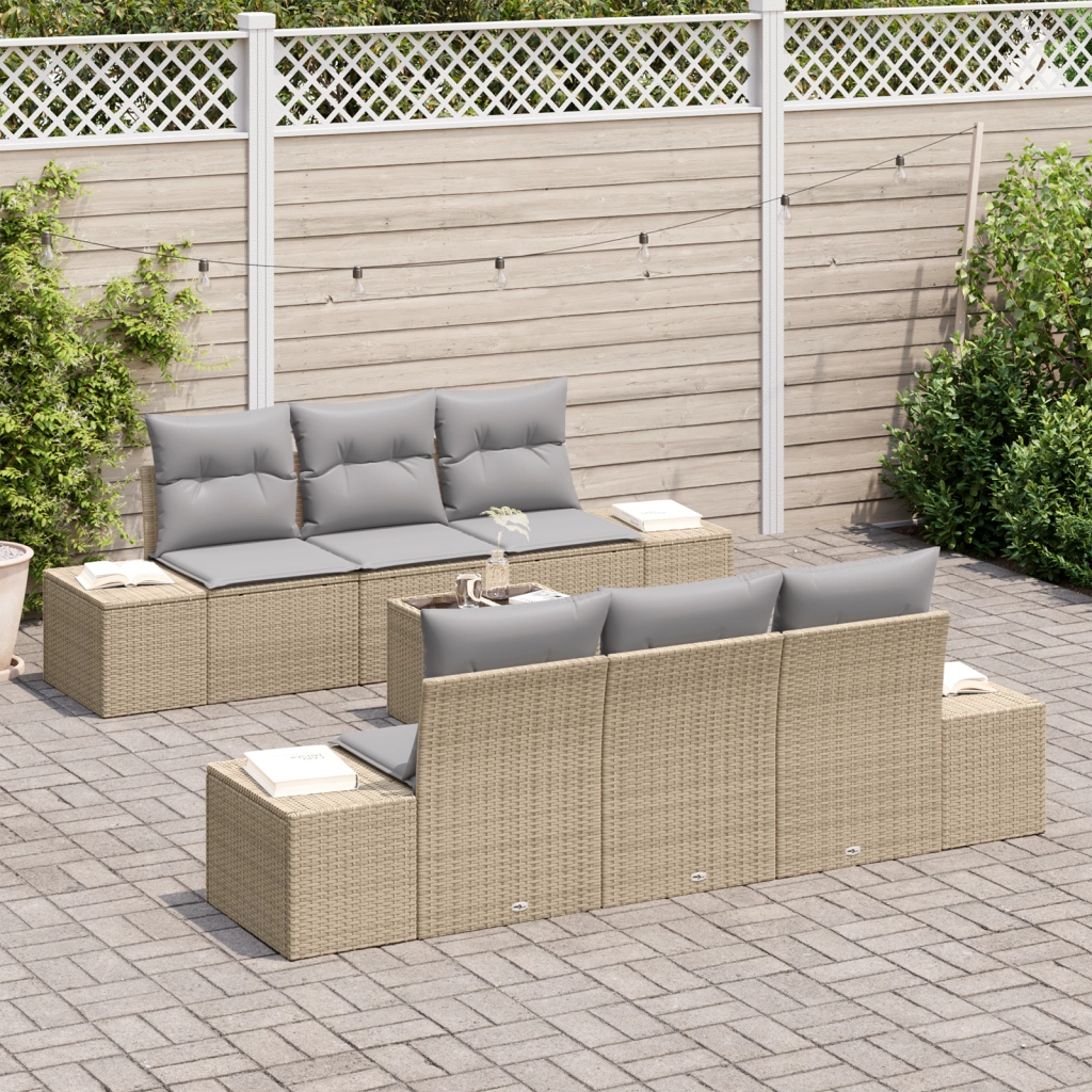 Set di divano da giardino 7 pezzi con cuscini beige in rattan poliestere