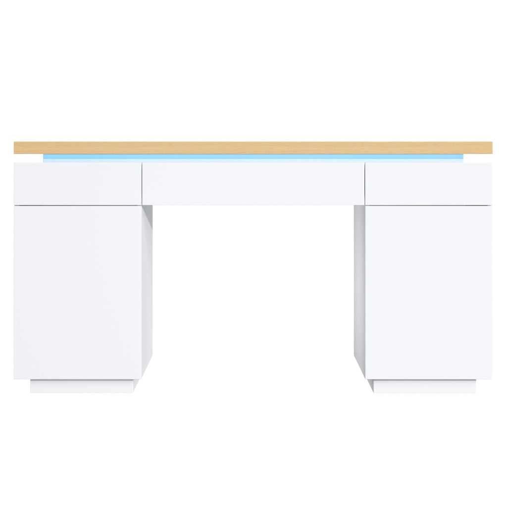Scrivania con LED multicolore; 140 x 50 cm; 3 cassetti e 2 ante; MDF bianco e rovere