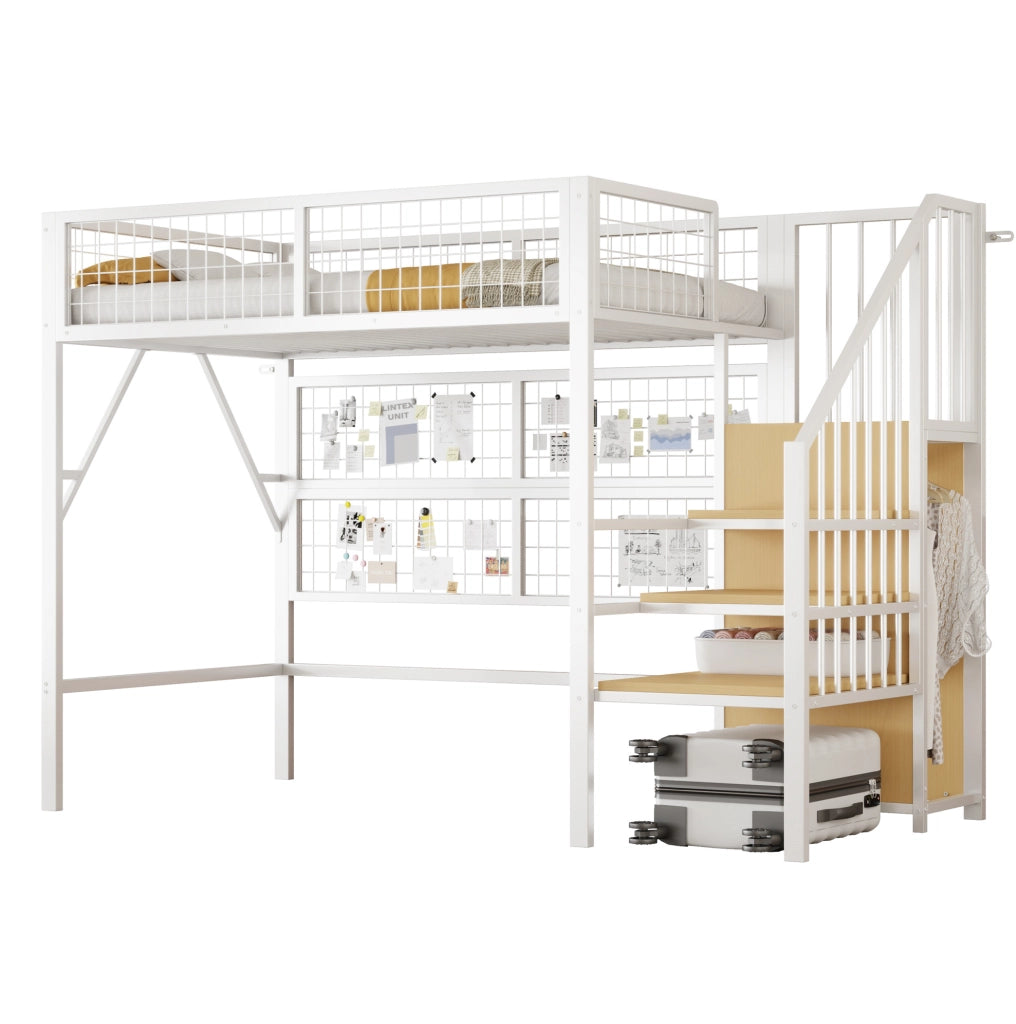 Letto a soppalco in metallo 90x200 con scala contenitore e LED smart