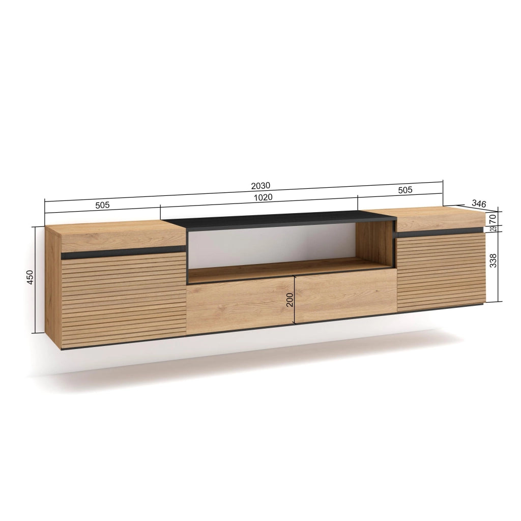 Mobile TV Soggiorno, 200x35x45cm, Per TV fino a 80", da appendere, colore Rovere RF3314