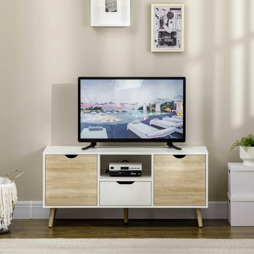 Mobile TV con cassetto e ante ¨C zephmum ¨C bianco e legno naturale 110x40x50 cm