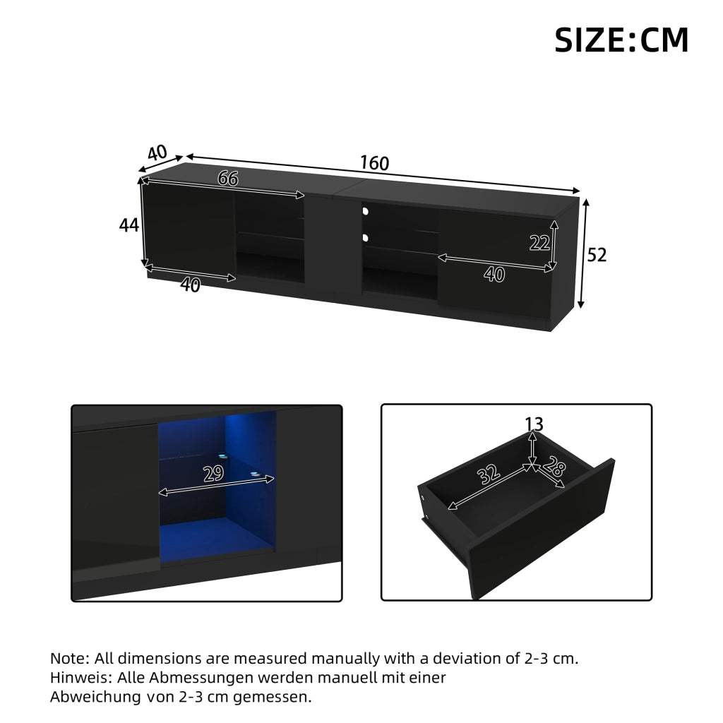 Mobile porta TV con LED, 2 cassetti e 1 anta, in MDF con ripiano in vetro temperato, per soggiorno, 160 × 40 × 52 cm