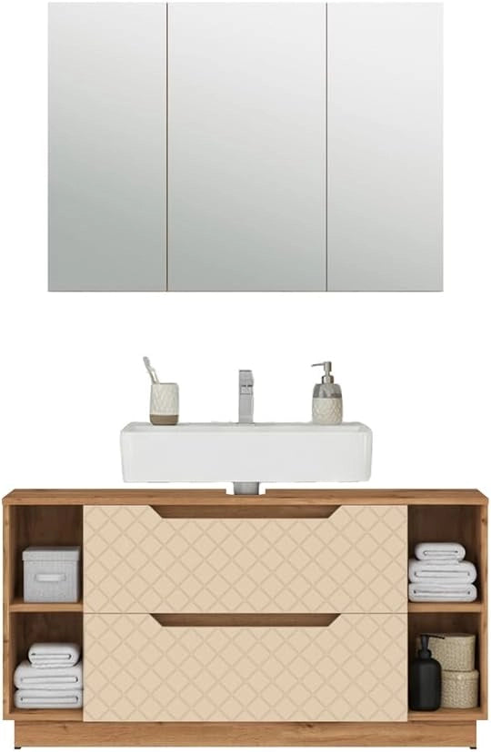 Vicco Set di mobili da bagno Lotta, Rovere/cashmere con struttura in piastrelle, 2 parti