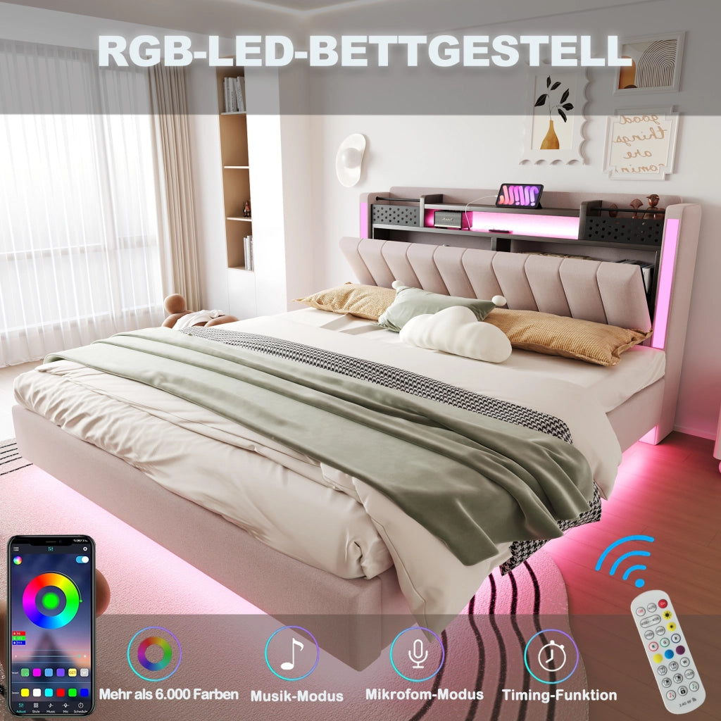 Letto Matrimoniale Imbottito con USB; LED e Testiera con Contenitori; 160×200 cm; senza Materasso; Beige