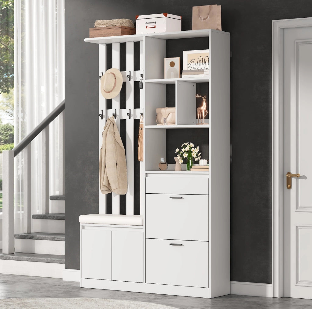 Mobile ingresso con panca 120x30x200 cm; 2 scarpiere a ribalta e appendiabiti bianco HOMVRA