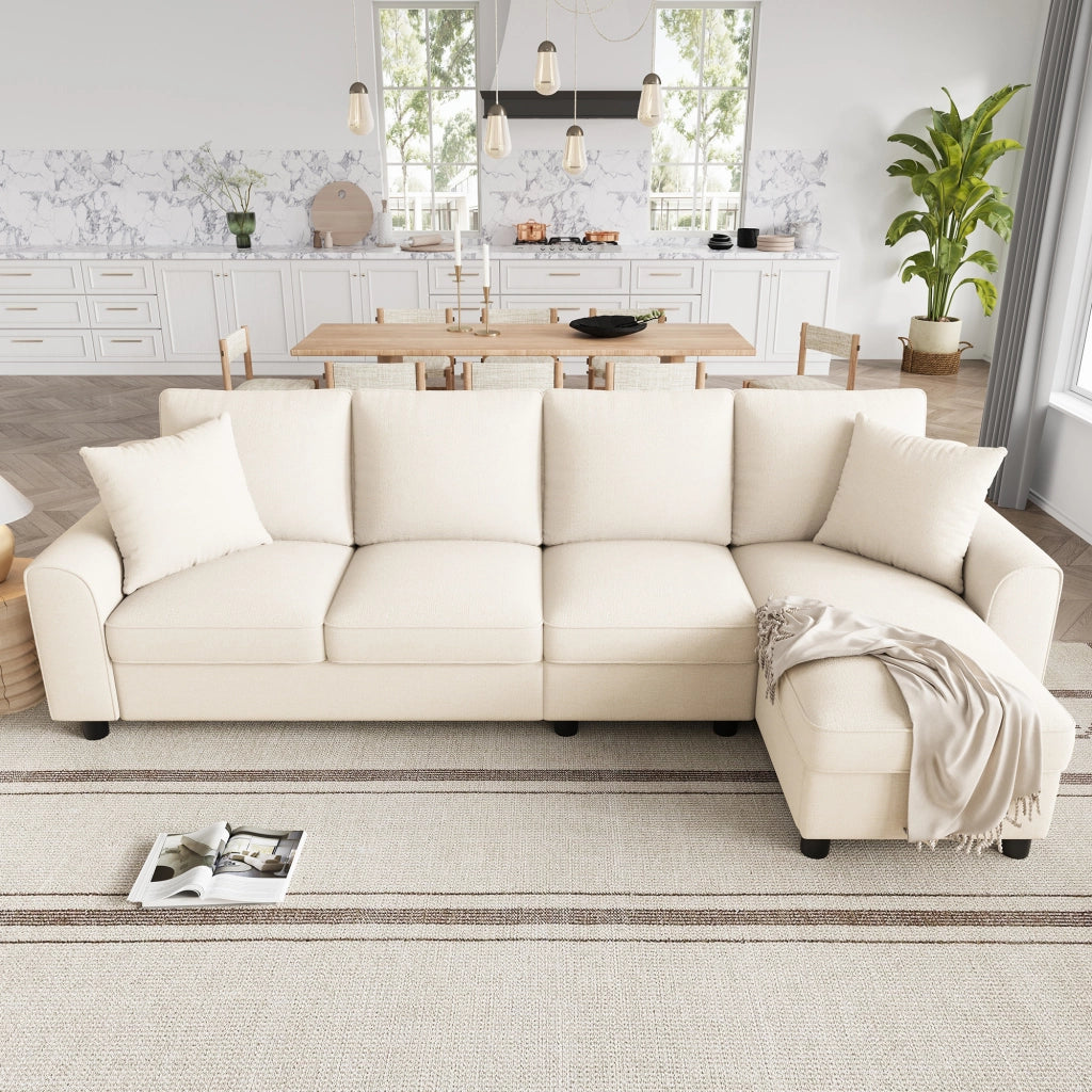 Divano a tre posti, divano ad angolo, tessuto chenille, vano portaoggetti, portabicchieri, design modulare, beige