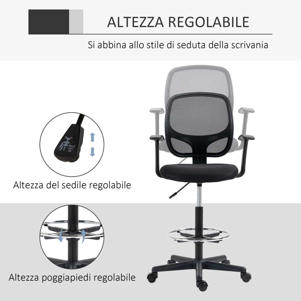 EasyComfort Sedia da Ufficio ad Altezza Regolabile con Braccioli, Rotelle e Seduta Imbottita, 60x56x110-132 cm, Nera