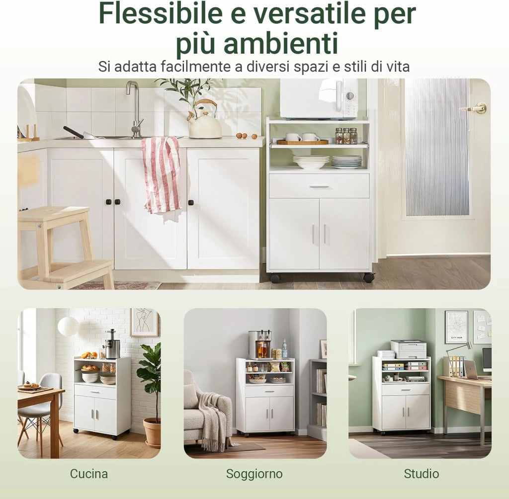 Carrello Cucina con Ruote, Mobile Microonde con Piano Estraibile e Cassetto, Mobile Cucina Salvaspazio per Piccoli Ambienti, Cucina, Coffee Station e Soggiorno, Bianco 59×40×92 cm FSB09-W