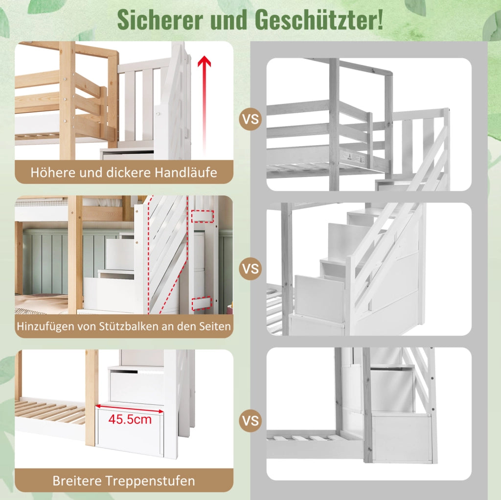 Letto a castello per bambini a tema casetta sull’albero 90x200 cm in legno massello e MDF, naturale e bianco