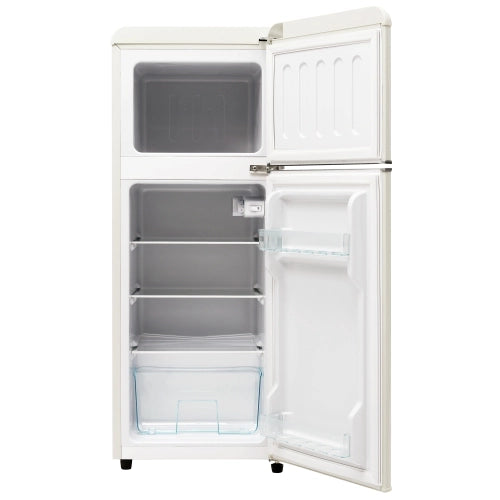 Frigorifero retrò; frigorifero-freezer combo; volume totale 92L; congelatore 28L; mensole per porte; mensole in vetro; luce LED; efficiente energetico; bianco antico