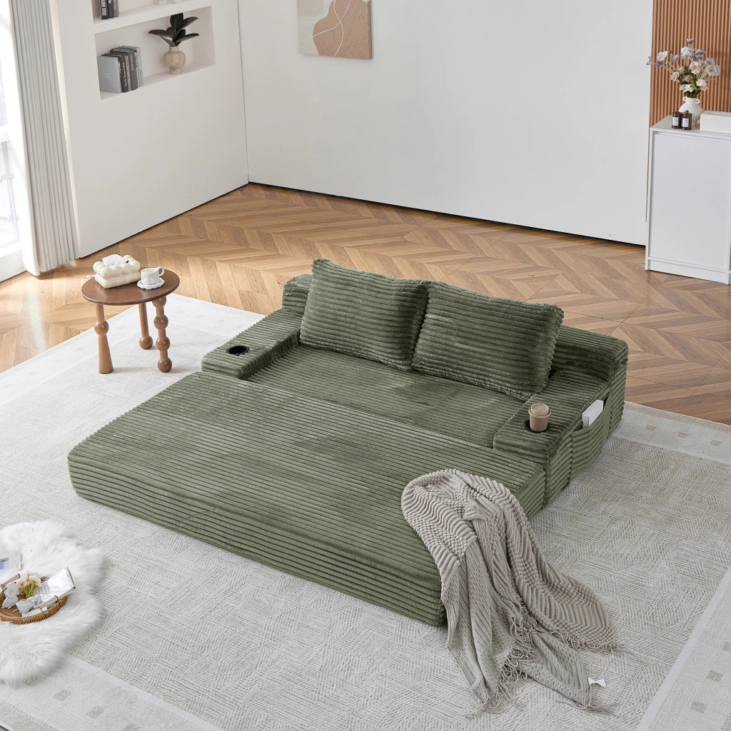 Divano letto 2 in 1 con portabevande in velluto a coste verde
