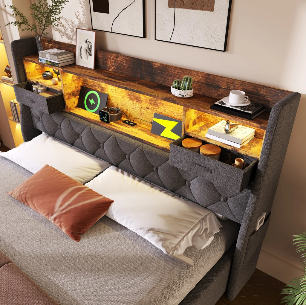 Letto matrimoniale 140x200 cm con contenitore; LED; prese USB e Type-C; lino grigio
