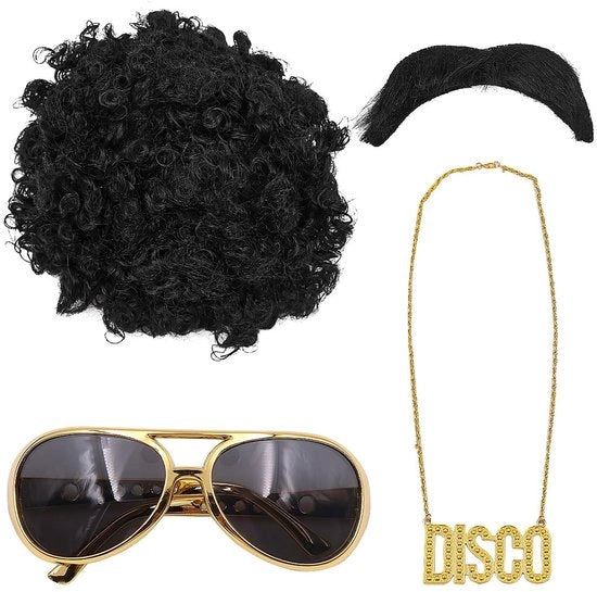 Accessori hippie 4 pezzi - Moda hippie - Ideale per feste tematiche - Nero - Afro parrucca, occhiali da sole, baffi e collana disco