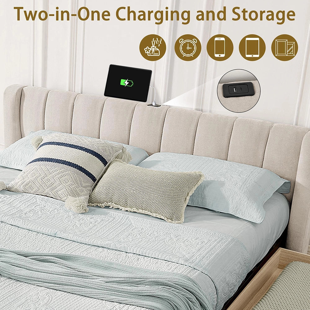 Letto matrimoniale con contenitore - Xylo - 140x200 cm - Beige - Porte USB tessuto morbido