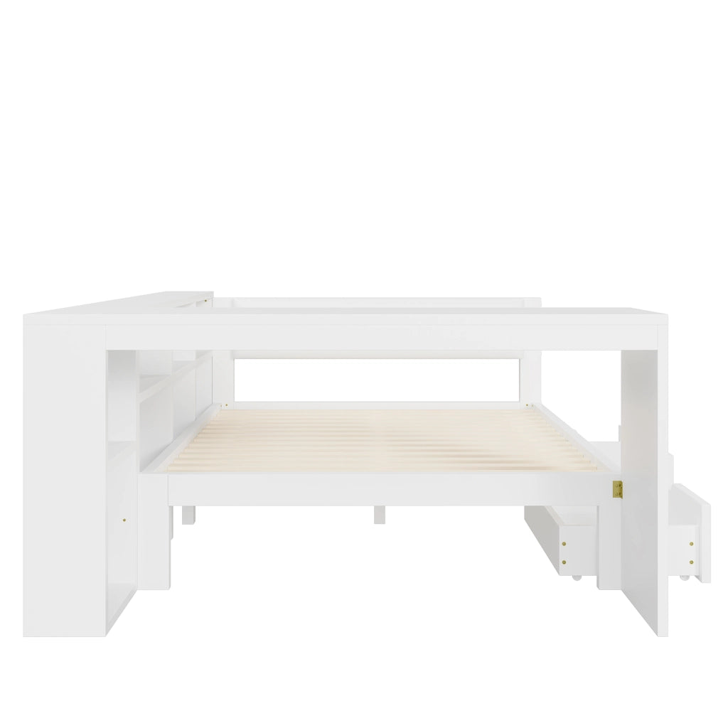 Letto per adulti 140 × 200 cm con testiera imbottita, ripiani, 2 cassetti, prese USB e LED, senza materasso, bianco