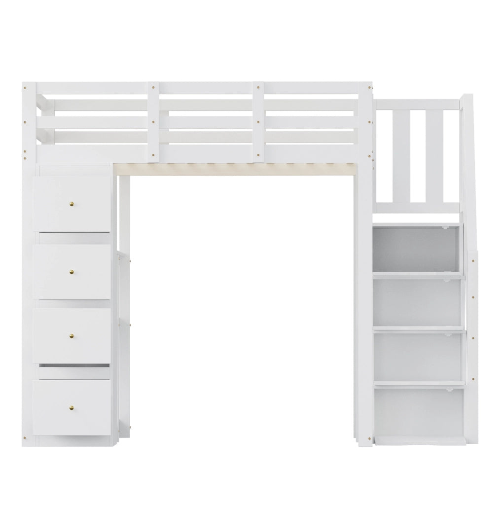 Letto a soppalco in legno massiccio 140x200 cm con cassetti e scala di sicurezza bianco