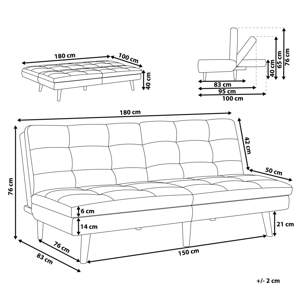 Divano letto grigio 3 posti trapuntato tappezzeria Click Clack Split indietro gambe in metallo