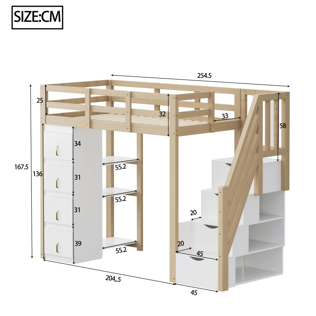 Letto a castello in legno naturale con cassettoni funzione contenitore 90x200 cm
