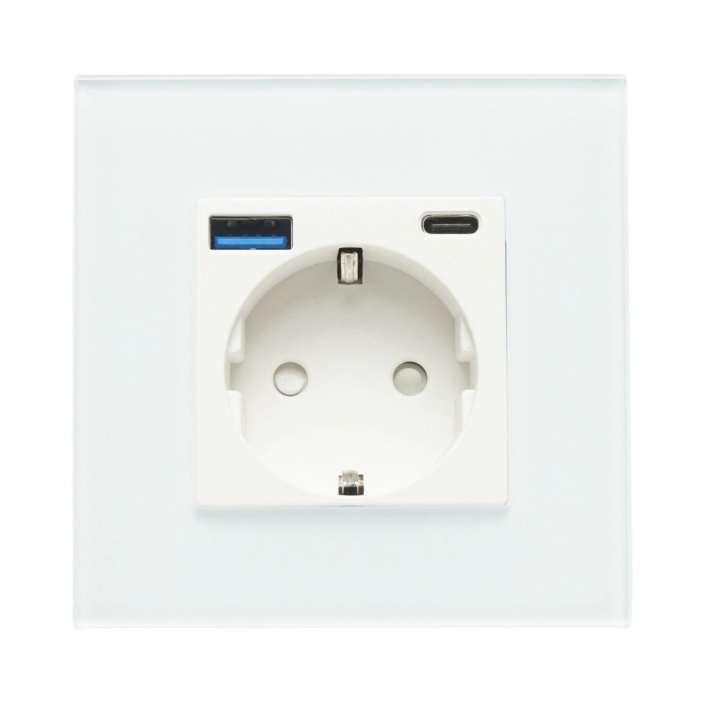 Presa Schuko da incasso bianca 220V, 16A, 2xUSB A+C 20W ricarica rapida, cornice in vetro 86x86x34mm