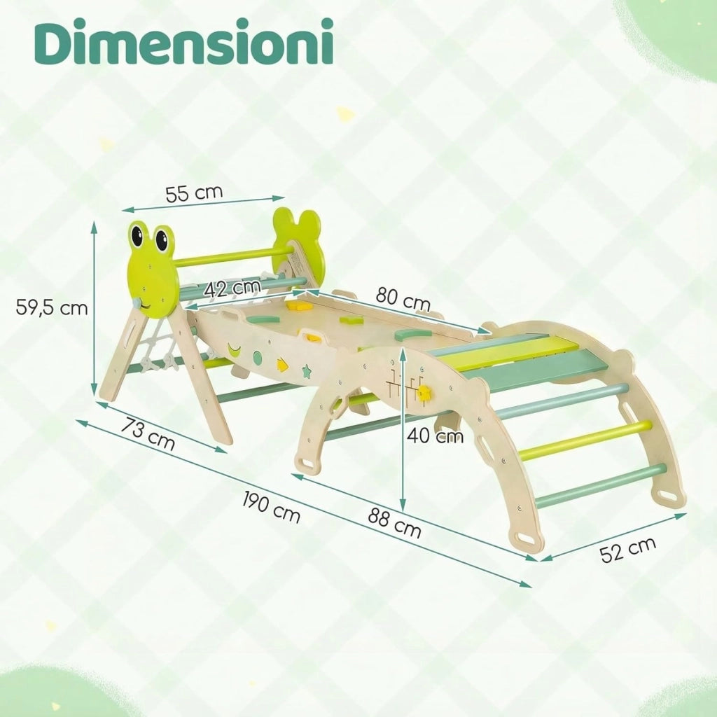 7 in 1 Set da Arrampicata per Bambini, Giocattoli da Arrampicata in Legno con Rampa Scala e Arco, Gioco del Labirinto, Giochi Montessori per Bambini 1 Anni + (Rana 3 Pezzi con Rete, Verde)