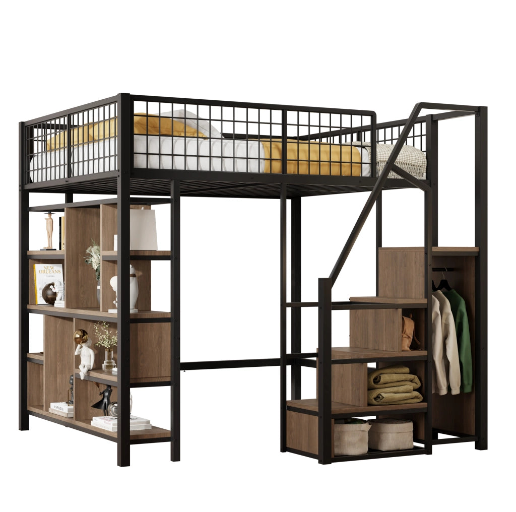 Letto a soppalco 140x200 cm nero metallo e legno con scala contenitore