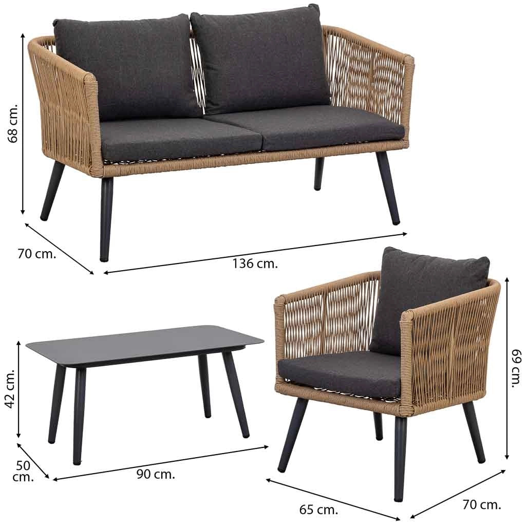 Set tavolo, divano e 2 poltrone marrone 90x50x42,65x70x69,136x70x68
