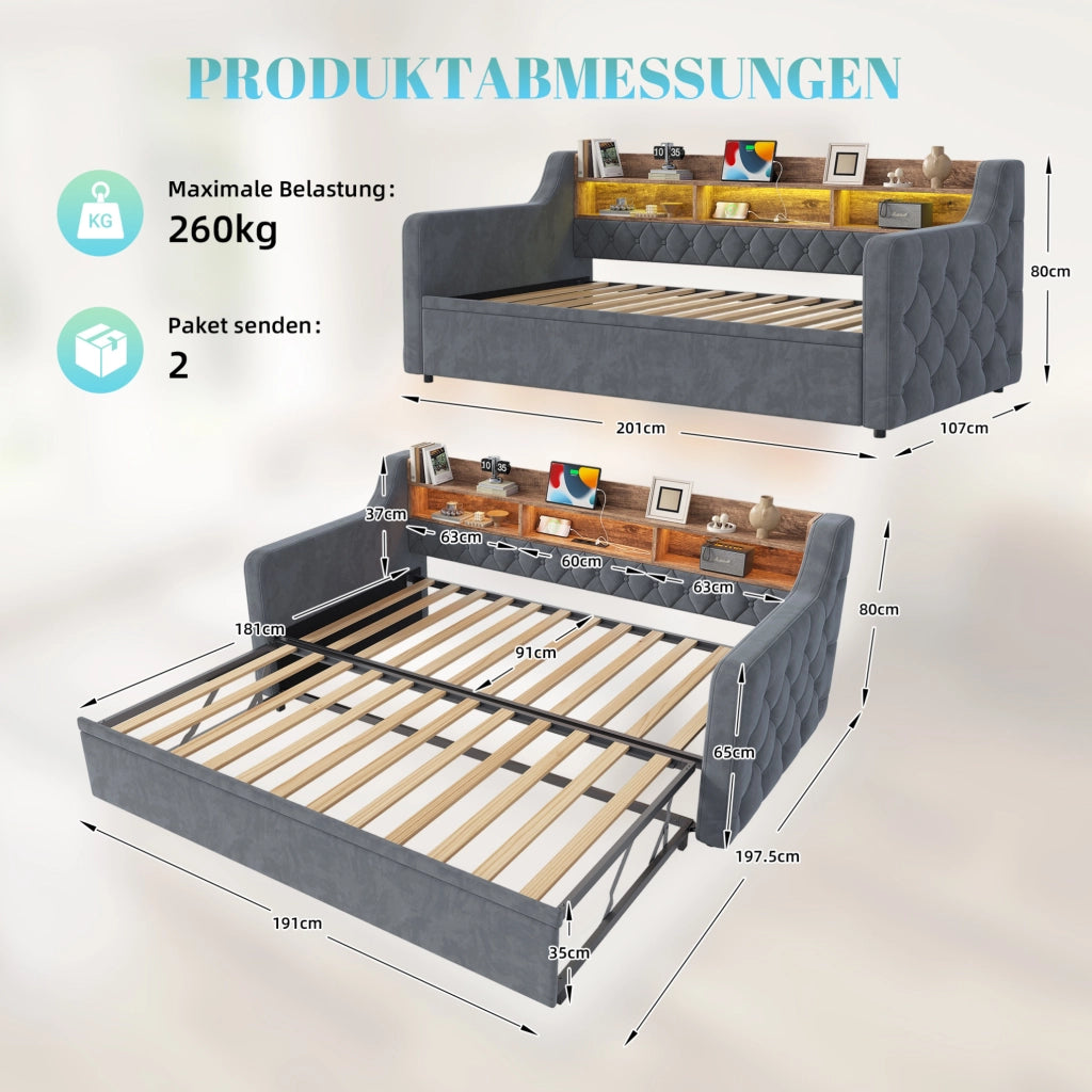 Divano letto 90x190 cm estraibile con testiera portaoggetti; LED e USB in velluto grigio scuro