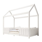 Letto Casetta 90x200 cm con Sponda e Rete a Doghe - in Legno Massello e Bianco