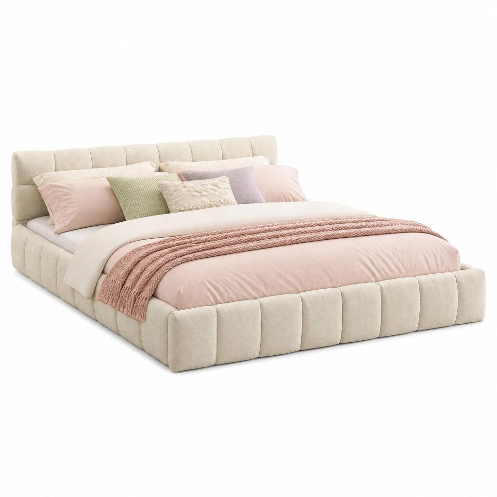 Letto matrimoniale imbottito 160x200 cm in chenille beige con struttura in legno di eucalipto e ferro