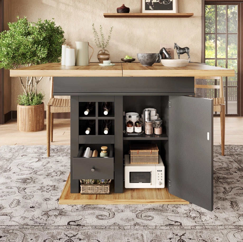 Tavolo da pranzo estensibile 110-140x80 cm con vani contenitore, nero e naturale