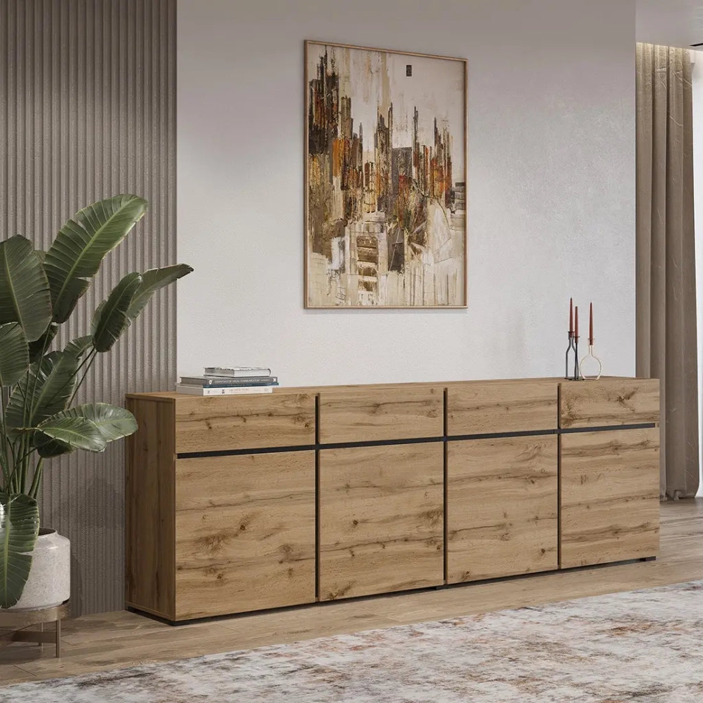 Buffet XL coloris chêne et noir 225cm collection HAVANA. Credenza design con 4 porte e 4 cassetti.