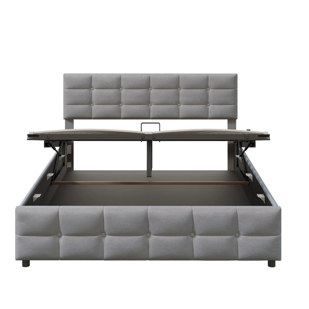 Letto imbottito 180x200 cm con rete a doghe e sollevamento idraulico, velluto olandese grigio