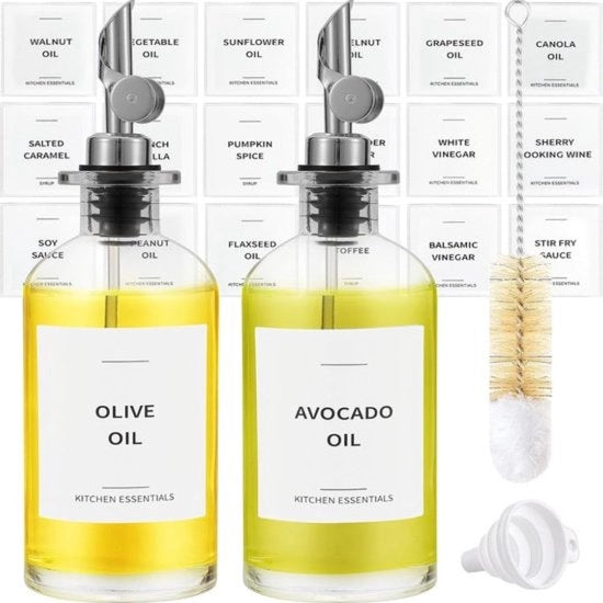 Dispenser per olio d'oliva per cucina, dispenser per sciroppo di caffè - eleganti flaconi di olio d'oliva per cucina - dispenser per olio in vetro, contenitore cruet con beccuccio - set da 2 pezzi, argento