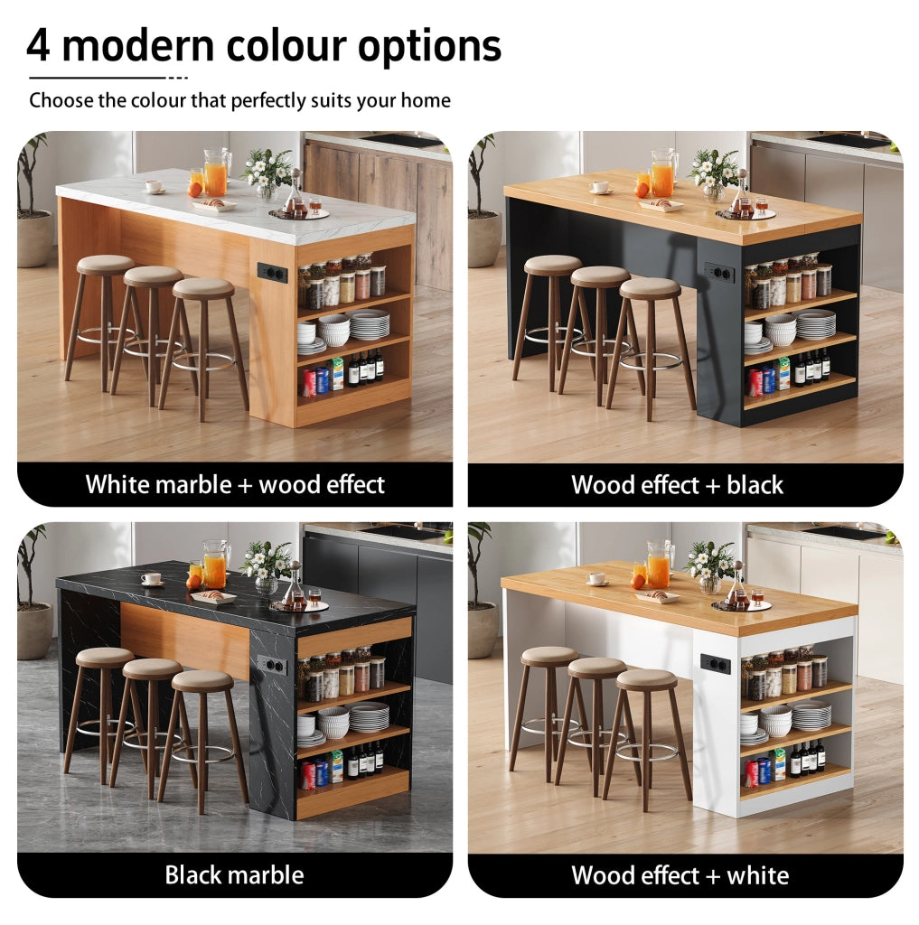Isola cucina 155x80x90 cm con LED; prese AC e USB; 3 ripiani aperti in MDF; nero e naturale