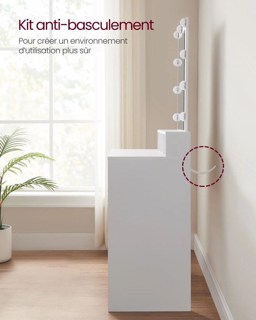Toletta con specchio e lampadine tavolo da trucco con 2 cassetti e 3 vani portaoggetti stile moderno bianco 12_0005155
