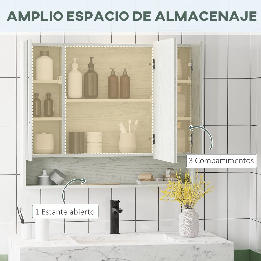 Armadio Bagno con Specchio 3 Ante e Ripiano Regolabile ¨C zephmum ¨C Bianco 90x15x75 cm