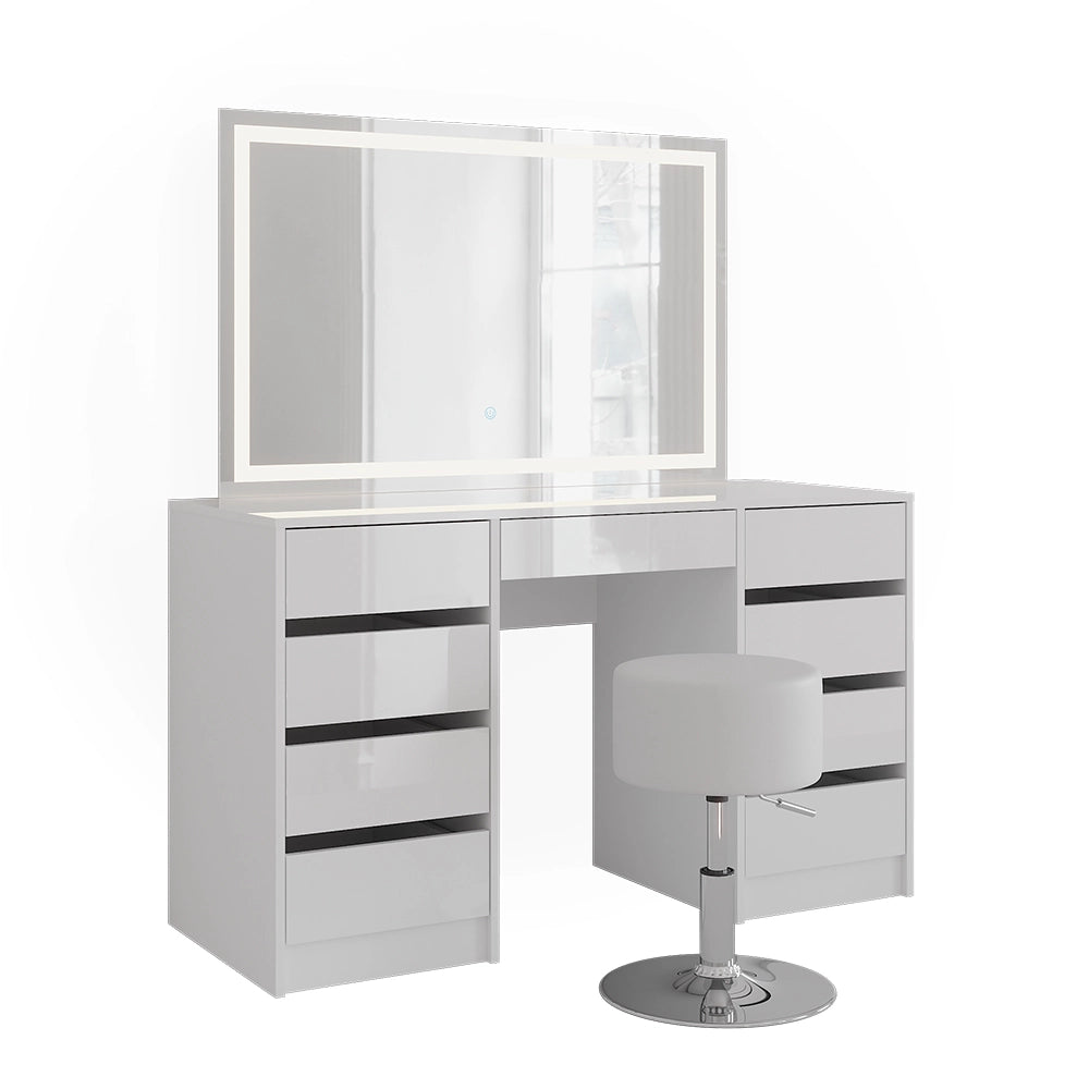 Vicco Tavolo da toeletta Bianco/bianco lucido 128.2 cm con specchio LED e sgabello