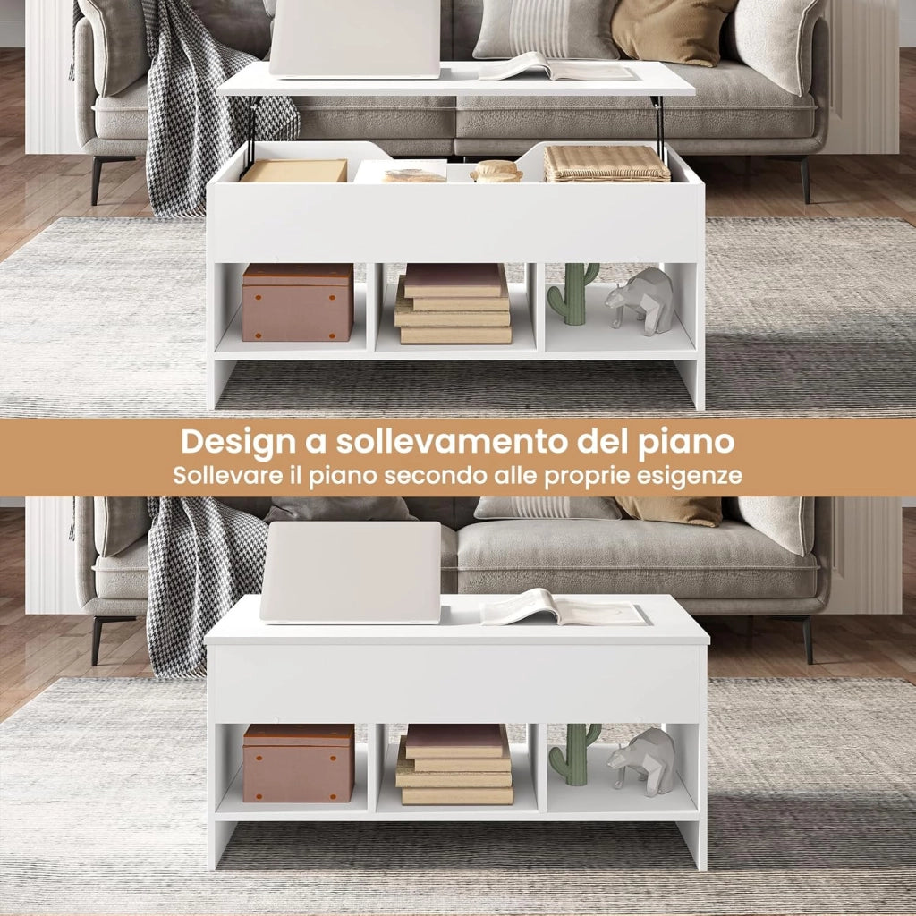 Tavolino da Caffè Sollevabile dall'Alto, tavolino Salotto con 1 Scomparto Nascosto e 3 Scomparti Aperti, 96x51x45cm, in Legno Ingegnerizzato, BTS19ws