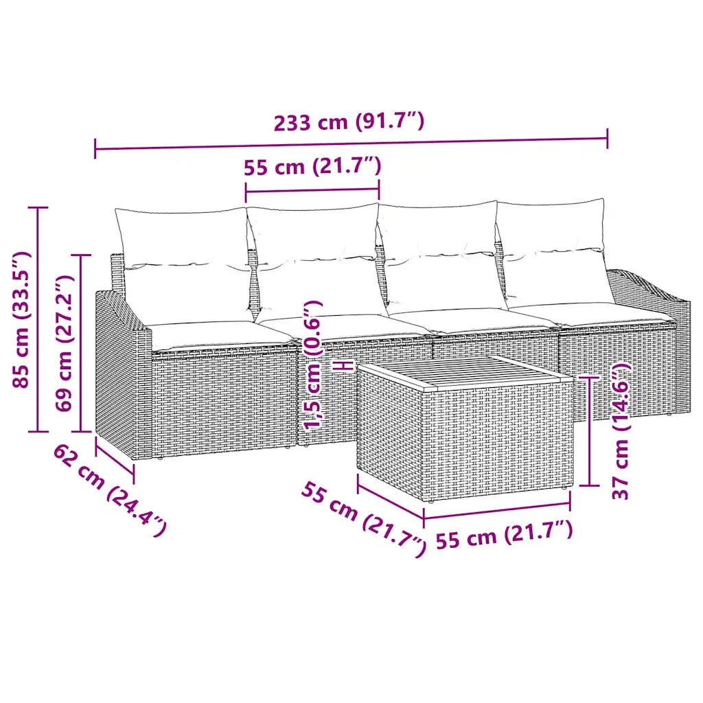 Set Divano da Giardino con cuscino 5 pcs Beige polyrattan