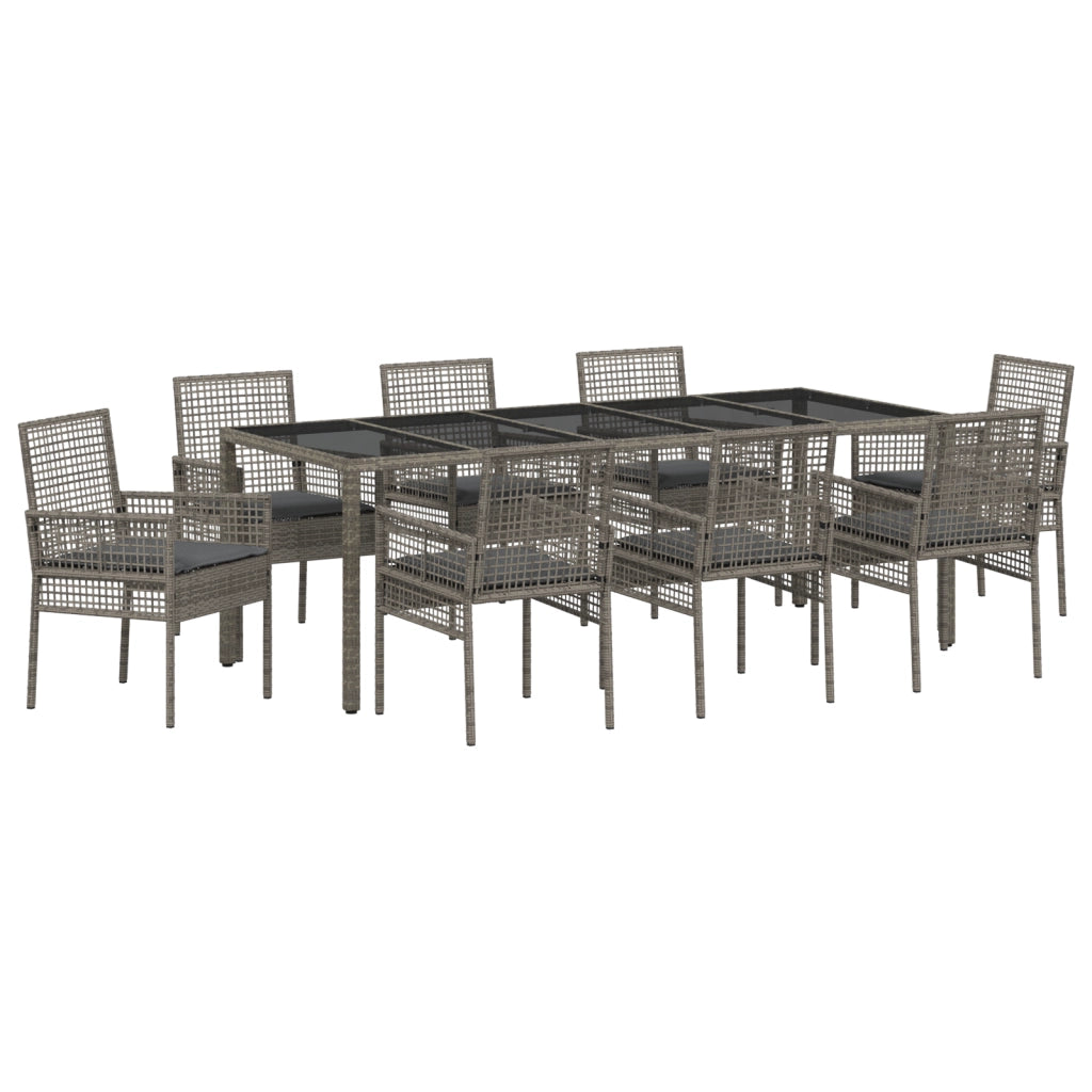Set da Pranzo da Giardino 9 Pezzi con Cuscini Grigio in Polyrattan