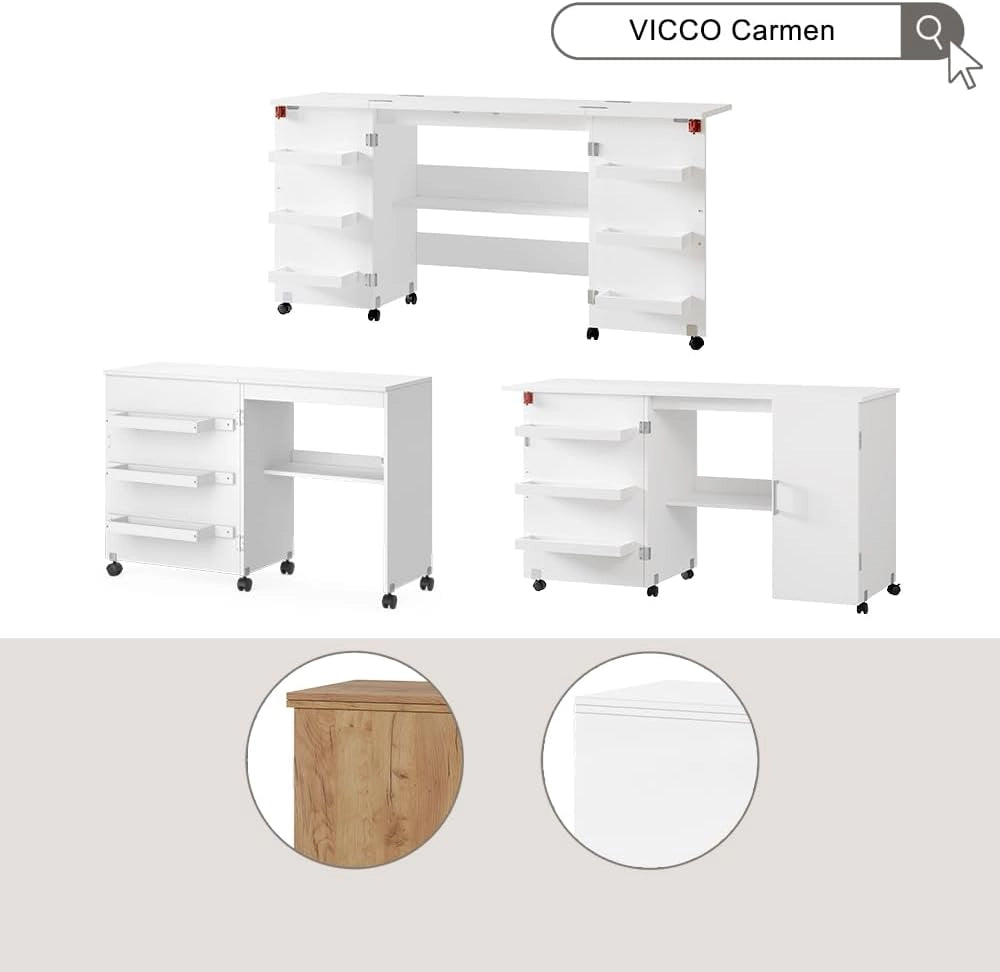 Il tavolo per il cucito Carmen, Bianco, 118 x 77.5 cm con 3 ripiani, pieghevole con ruote per un utilizzo flessibile come tavolo da lavoro