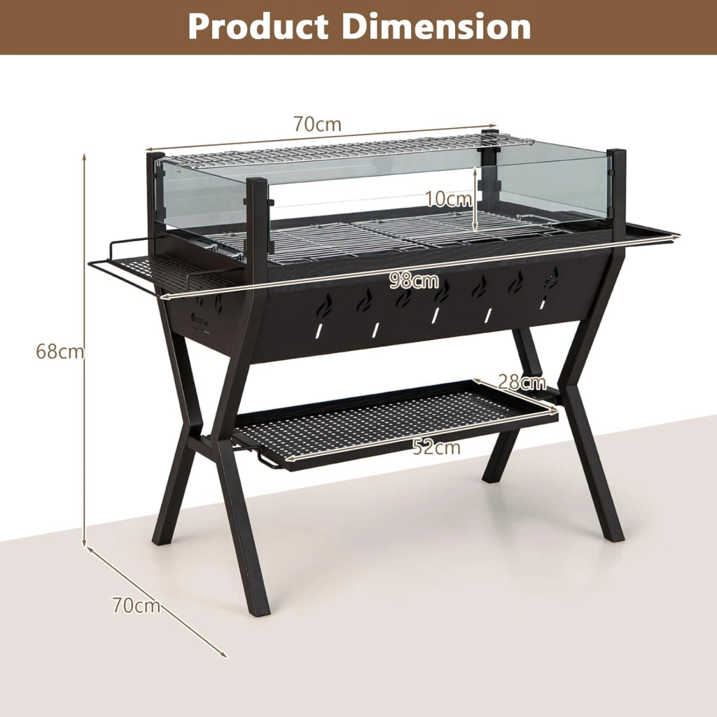Barbecue a Carbone da Legno, con Parabrezza e Portaspezie, Griglia per Barbecue in metallo, Barbecue da campeggio con Coppia di guanti, Barbecue Esterno 3 in 1, 98 x 70 x 68 cm, Nero
