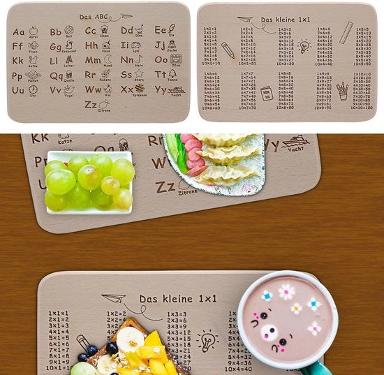 Set da colazione per 2 | Legno di betulla 22x14x1cm | Motivo 1x1 ABC per snack per studenti in partenza per la scuola