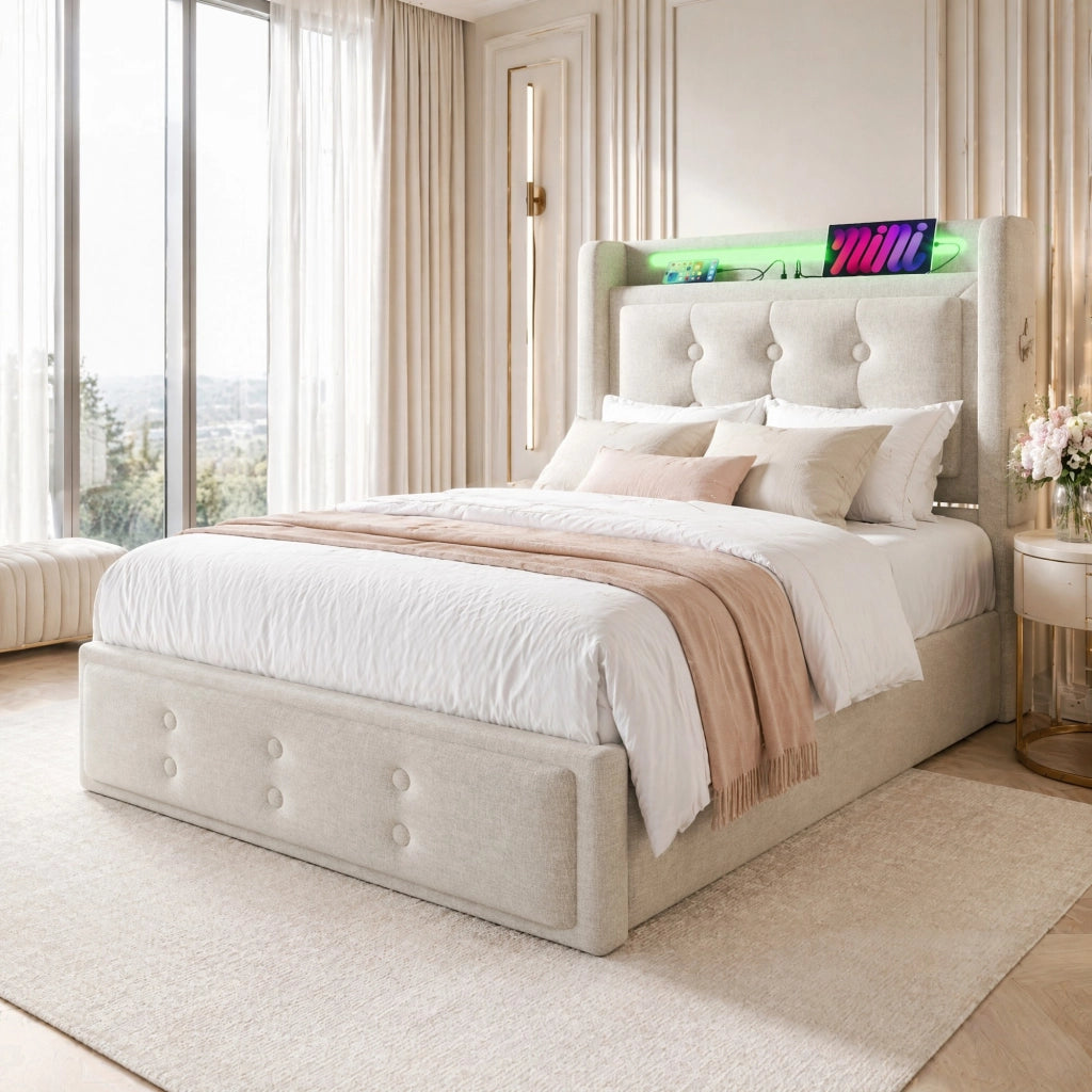 LETTO 90x200 cm Beige in cotone-lino con LED, prese, USB e Type C