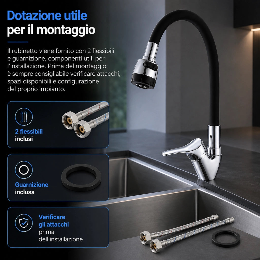 Rubinetto Cucina Doccetta 2 Getti Tubo Girevole Flessibile Silicone  Nero
