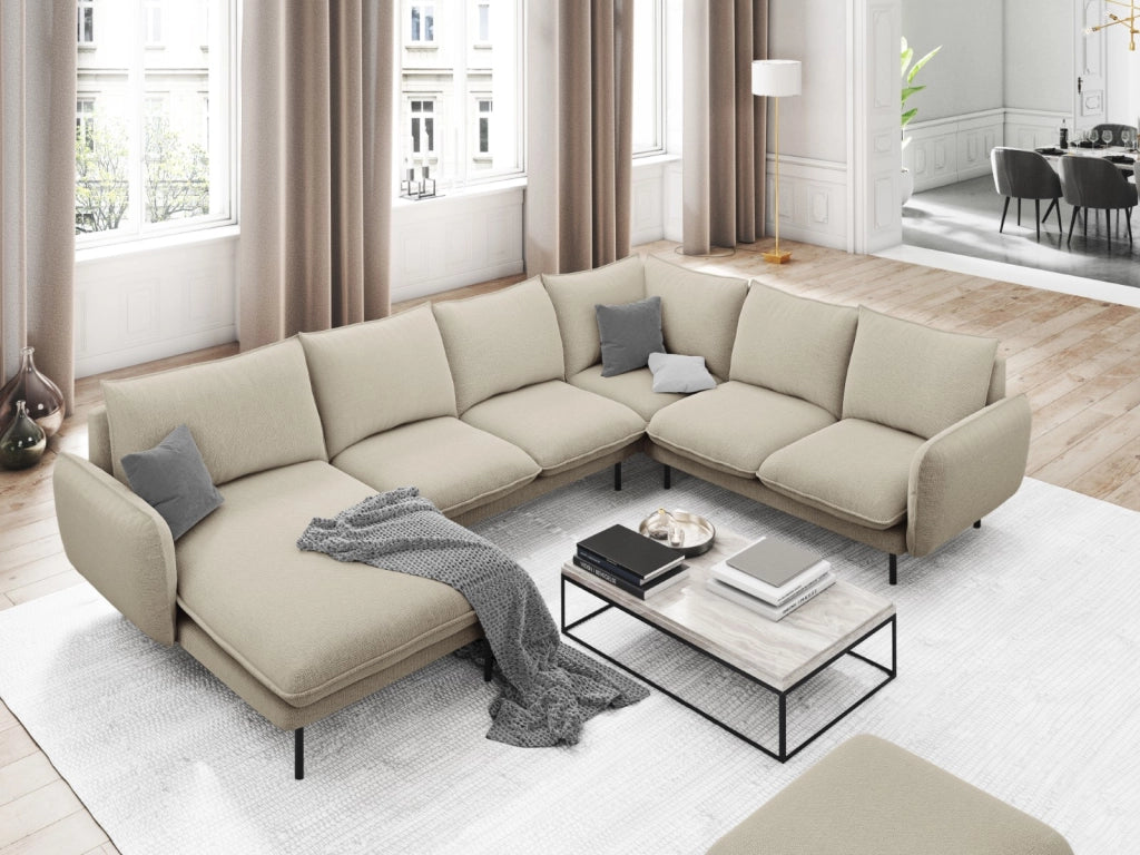 Cosmopolitan Design - Divano panoramico destro "Vienna" 7 posti in tessuto strutturato beige 