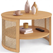IDMarket - Tavolino rotondo EDHEN 70 cm con canna naturale ed effetto legno