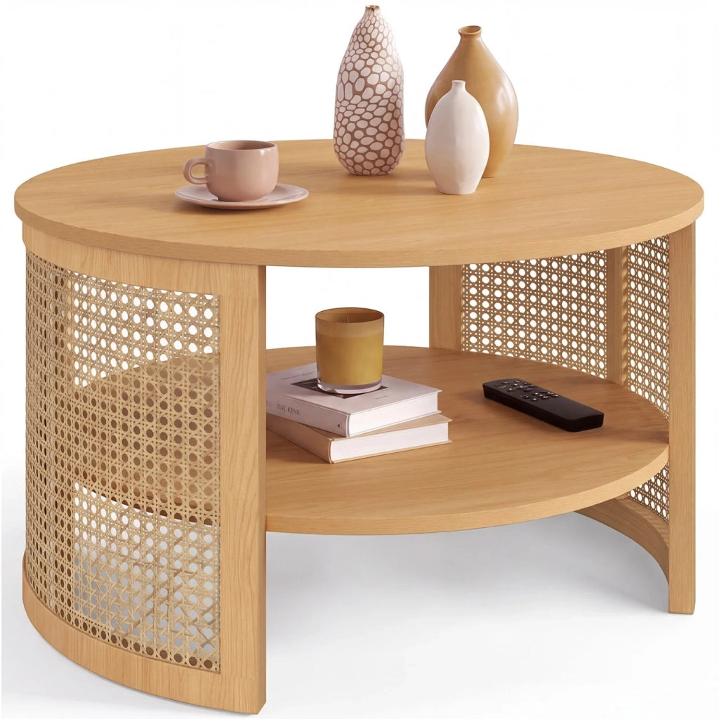IDMarket - Tavolino rotondo EDHEN 70 cm con canna naturale ed effetto legno