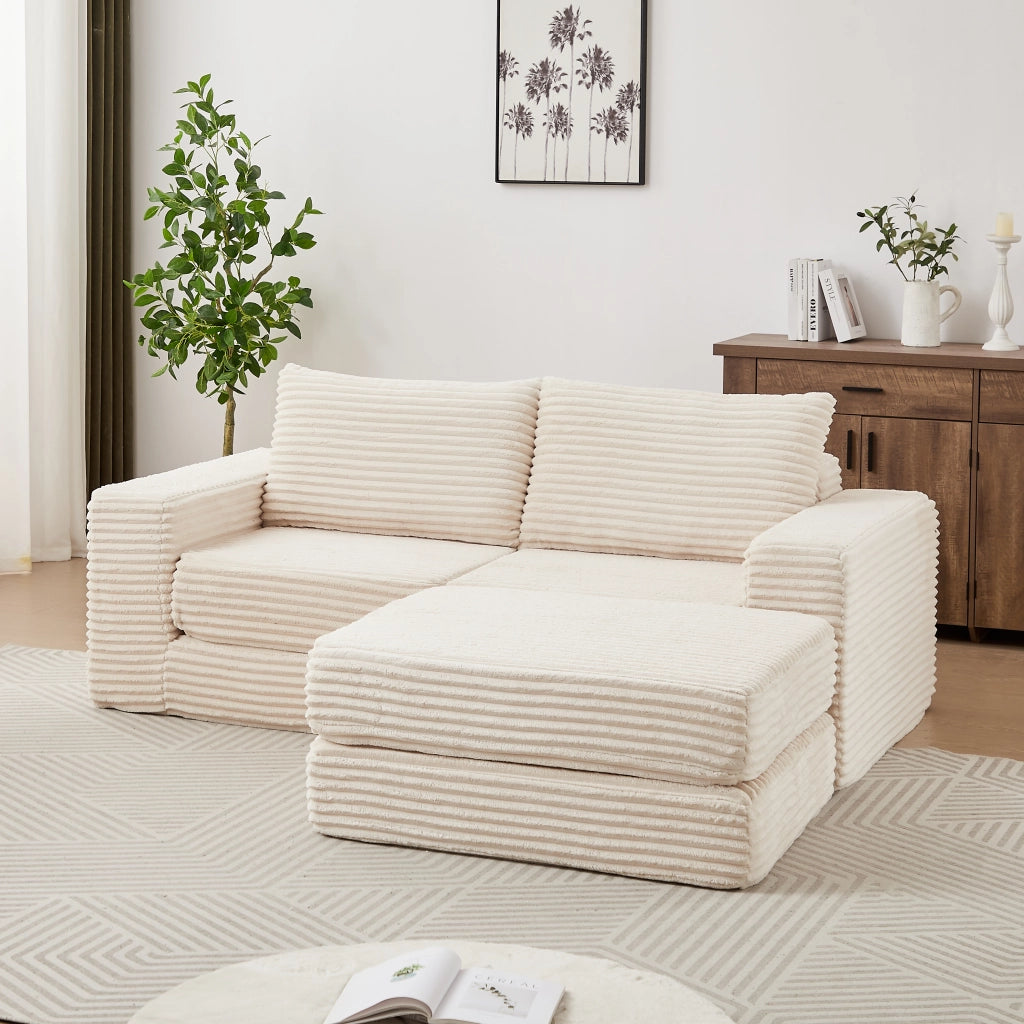 Divano letto modulare con pouf removibile e braccioli quadrati configurazione flessibile in velluto a coste beige