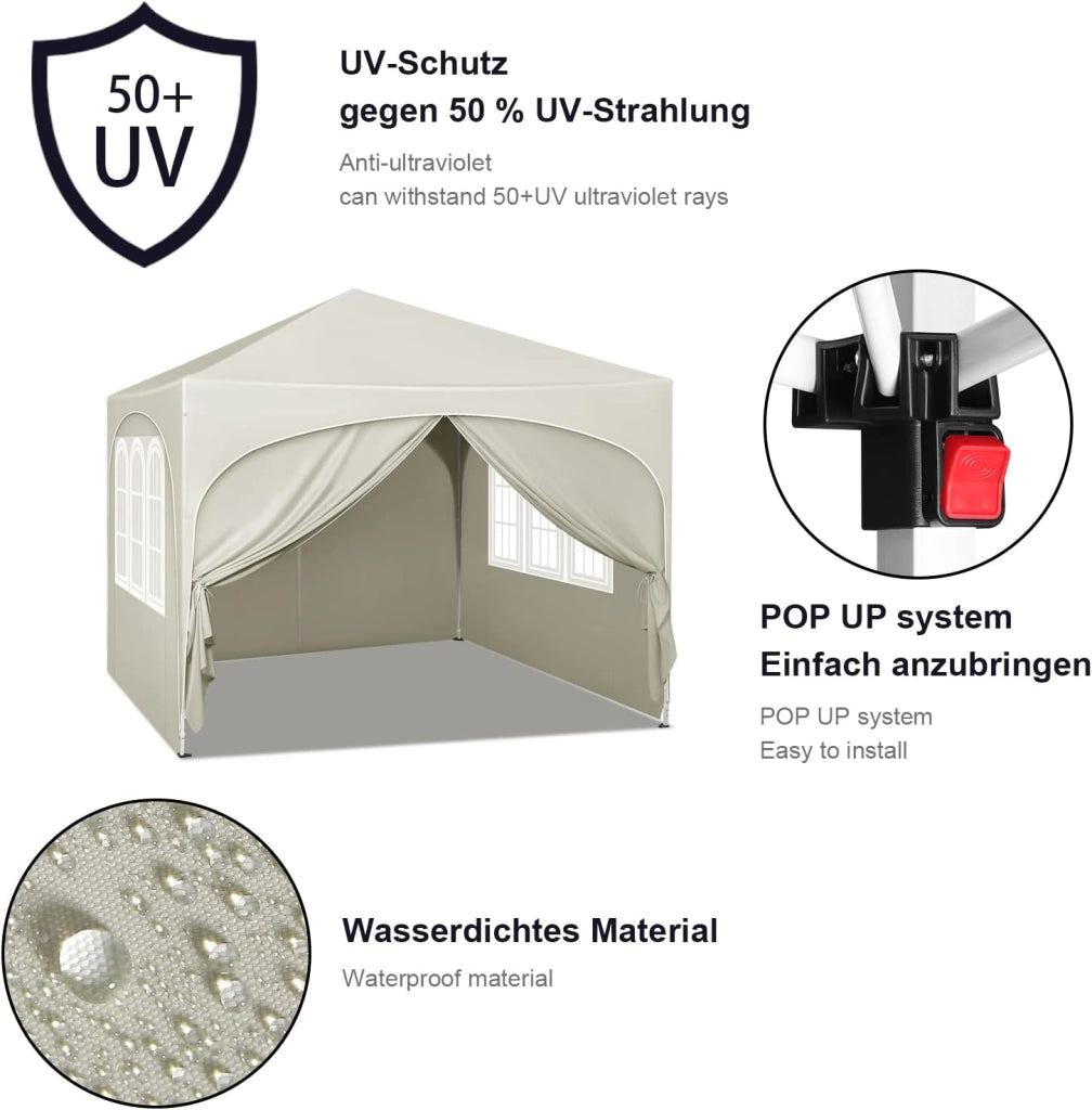 Gazebo Pieghevole da Giardino, Gazebo Idrorepellente Pop Up da 3x3m Pannelli Laterali, Tendone Esterno, Altezza Regolabile, Protezione UV, con Custodia Beige